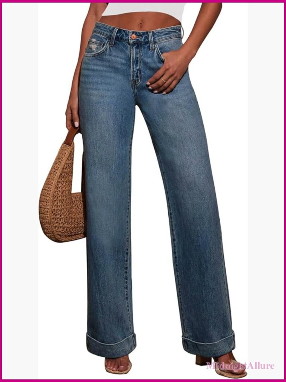 Wide Leg Baggy High Waist Straight Leg Stretchy Denim Pants - Picture 1 of 4
